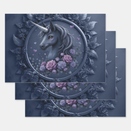 Dunkles Einhornportrait in einem runden Rahmen Geschenkpapier Set