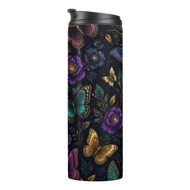 Dunkles elegantes Schmetterlingsmuster Thermosbecher (Nach rechts gedreht)