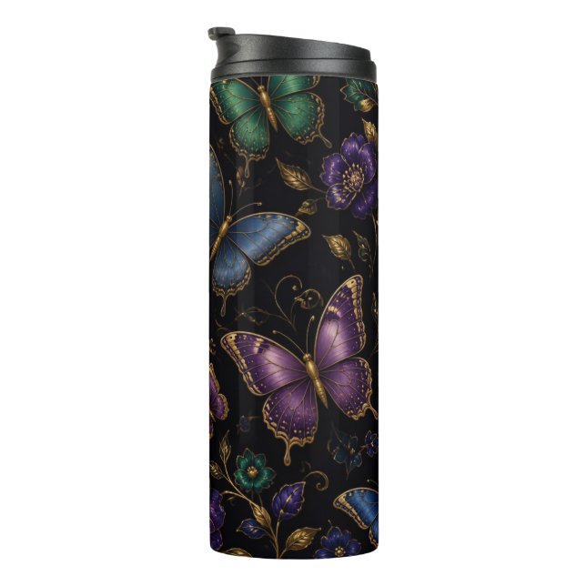 Dunkles elegantes Schmetterlingsmuster Thermosbecher (Nach rechts gedreht)