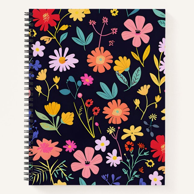 Dunkles farbenfrohes Ditsy-Blumenmuster im Boho-St Notizbuch (Vorderseite)