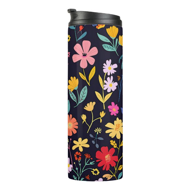 Dunkles farbenfrohes Ditsy-Blumenmuster im Boho-St Thermosbecher (Nach rechts gedreht)
