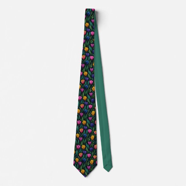 Dunkles farbenfrohes Tulpen-Blumenmuster Krawatte (Vorderseite)