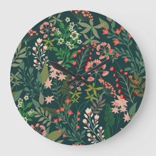 Dunkles florales botanisches nahtloses Muster Große Wanduhr