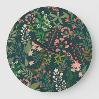 Dunkles florales botanisches nahtloses Muster Große Wanduhr