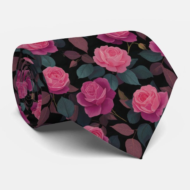 Dunkles florales rosa Rosenmuster Krawatte (Gerollt)