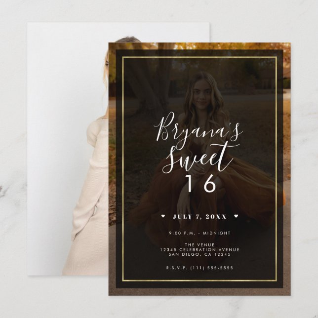 Dunkles Foto Tint Overlay Gold Modernes Sweet 16 Einladung (Vorne/Hinten)