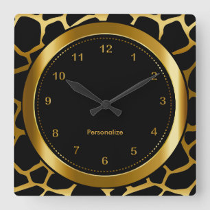 Dunkles Gold und schwarzer Giraffen-Muster-Druck Quadratische Wanduhr