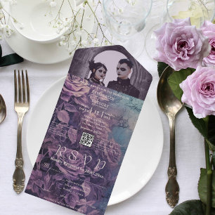 Dunkles Gothic Lila Lavendel Rosen Foto QR Code All In One Einladung