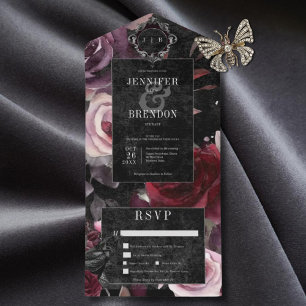 Dunkles Gothic Rosa Burgunderrot & Schwarzes Flora All In One Einladung