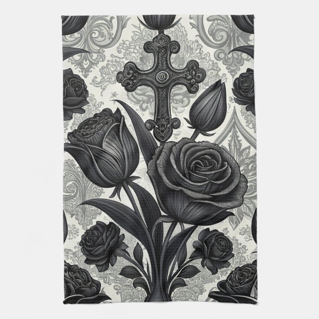 Dunkles Gothic-Rosen-Muster (2) Geschirrtuch (Vertikal)