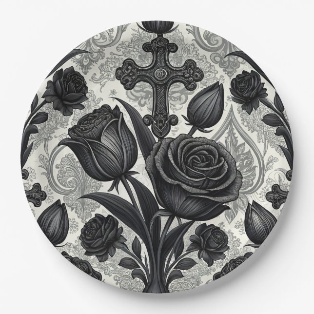 Dunkles Gothic-Rosen-Muster (2) Pappteller (Vorderseite)