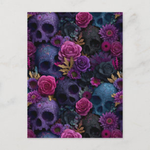 Dunkles gotisches florales Totenkopf-Nahtlosmuster Feiertagspostkarte