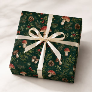 Dunkles Grün Cottagecore Pilz Weihnachtsmuster Geschenkpapier