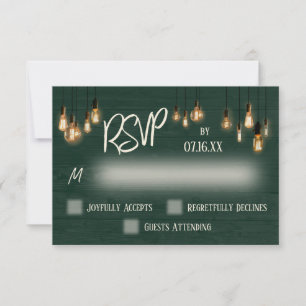 Dunkles Grün Rustikales Holz und Edison-Leuchten RSVP Karte