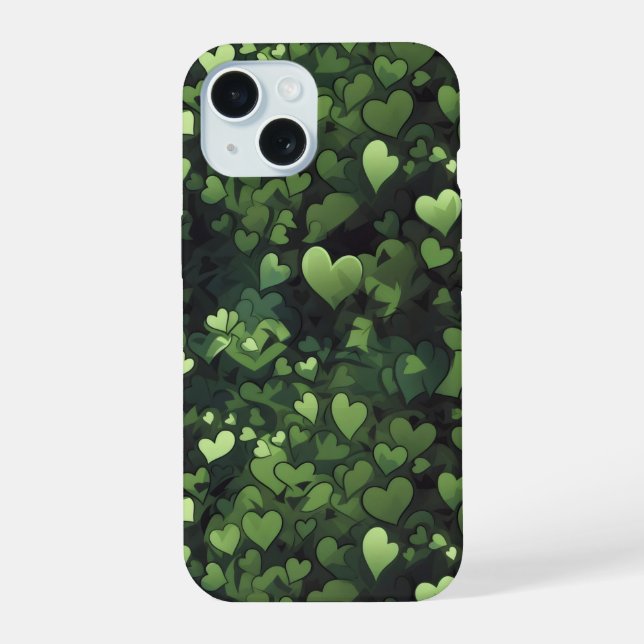 Dunkles Grünes Herz Muster iPhone 15 Hülle (Rückseite)