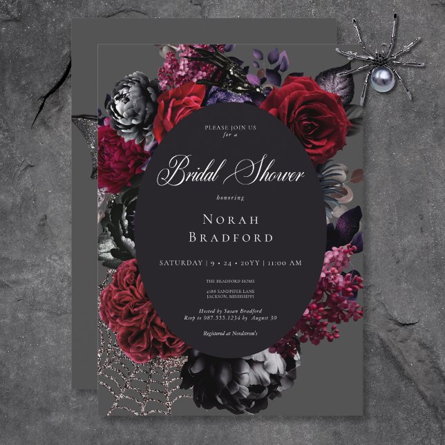 Dunkles Halloween Glam Floral Black Brautparty Einladung (Dark Halloween Glam Floral Black Bridal Shower Invitation)