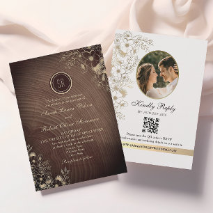 Dunkles Holz Monogramm Foto QR Hochzeit Einladung