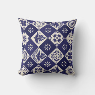 Dunkles Indigo Beige Mexikanisch Floral Vögel Tala Kissen