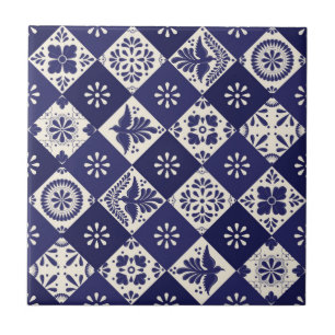Dunkles Indigo Beige Mexikanisches Florales Vögel Fliese