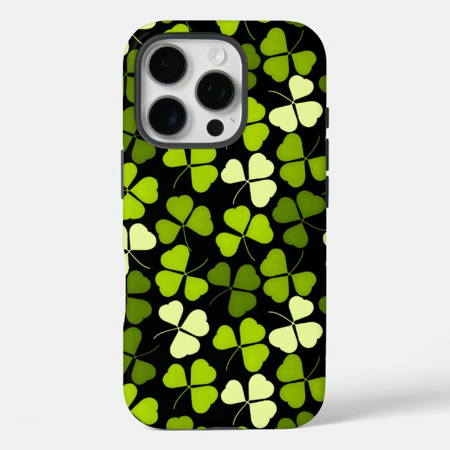 Dunkles Kleeblatt Muster grün und schwarz iPhone 16 Pro Hülle (Rückseite)