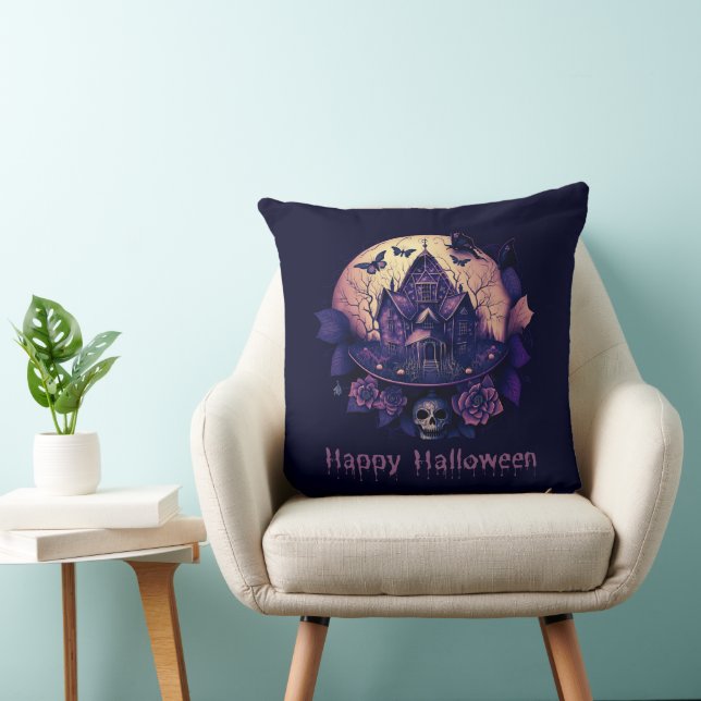Dunkles Lila gotisches Spuk Haus Happy Halloween Kissen (Stuhl )