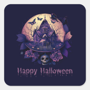 Dunkles Lila gotisches Spuk Haus Happy Halloween Quadratischer Aufkleber