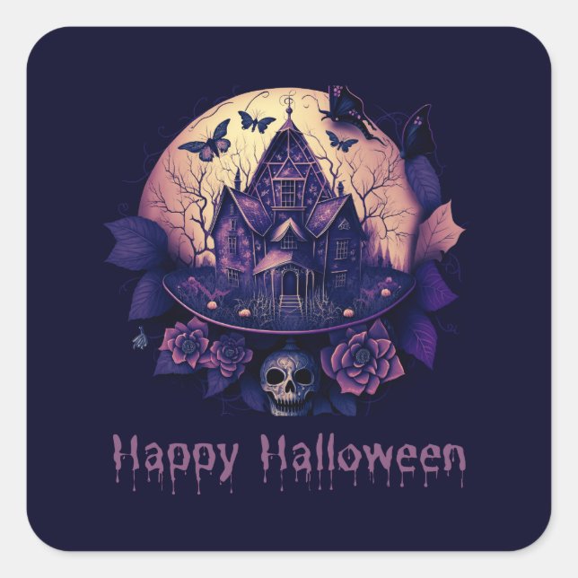 Dunkles Lila gotisches Spuk Haus Happy Halloween Quadratischer Aufkleber (Vorderseite)