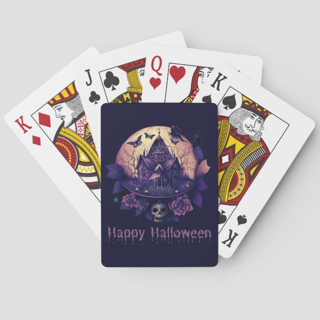 Dunkles Lila gotisches Spuk Haus Happy Halloween Spielkarten (Rückseite)