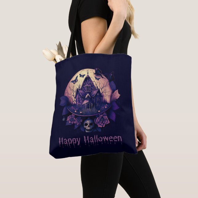 Dunkles Lila gotisches Spuk Haus Happy Halloween Tasche (Von Nahem)