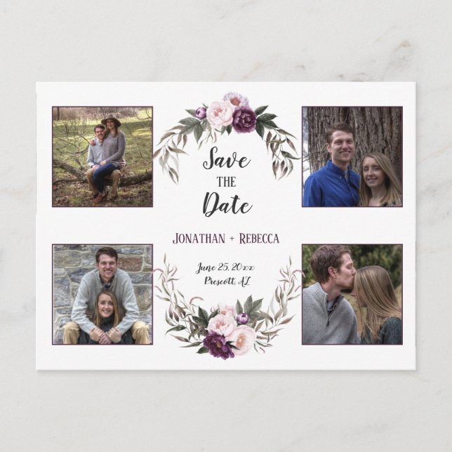 Dunkles Lila Pflaumenpeonies-Foto Save the Date Ankündigungspostkarte (Vorderseite)