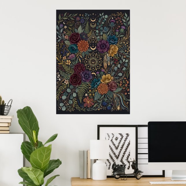Dunkles maximalistisches Blumenposter Poster (Heimbüro)