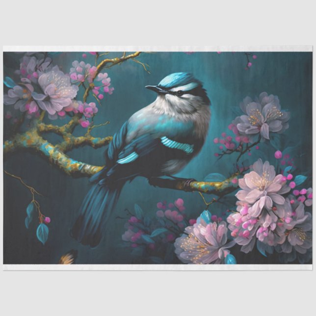 Dunkles Meer Blauer Vogel Chinoiserie Kirschblüten Seidenpapier (Vorderseite)