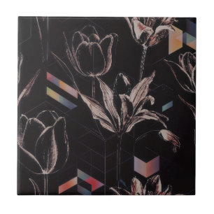 Dunkles modernes geometrisches Tulpen-Linienkunstm Fliese