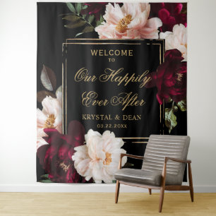 Dunkles Moody Burgunderrot Schwarze Florale Hochze Wandteppich