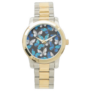 Dunkles Nahtloses Muster mit blauen Schmetterlinge Armbanduhr