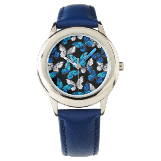 Dunkles Nahtloses Muster mit blauen Schmetterlinge Armbanduhr (Vorderseite)