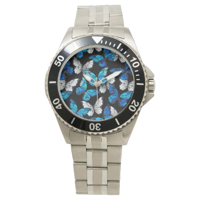 Dunkles Nahtloses Muster mit blauen Schmetterlinge Armbanduhr (Vorderseite)