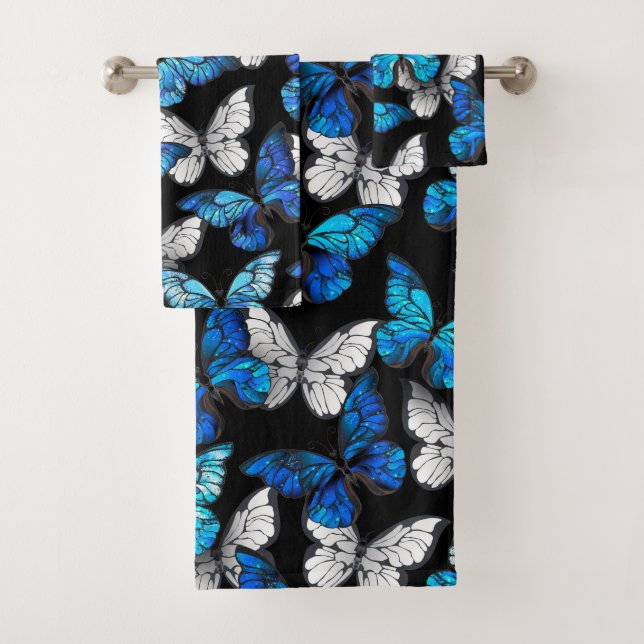 Dunkles Nahtloses Muster mit blauen Schmetterlinge Badhandtuch Set (Insitu)