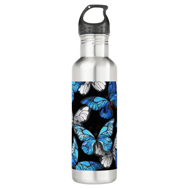 Dunkles Nahtloses Muster mit blauen Schmetterlinge Edelstahlflasche (Vorderseite)