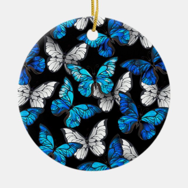 Dunkles Nahtloses Muster mit blauen Schmetterlinge Keramik Ornament (Vorne)