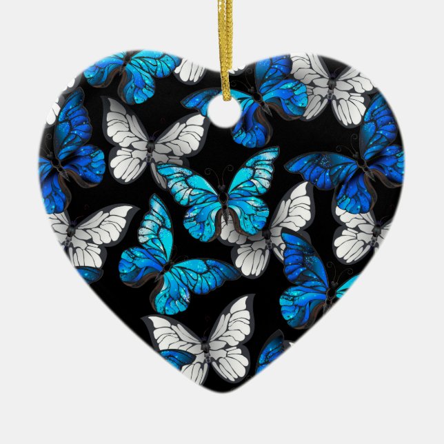 Dunkles Nahtloses Muster mit blauen Schmetterlinge Keramik Ornament (Vorne)