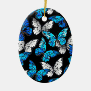 Dunkles Nahtloses Muster mit blauen Schmetterlinge Keramik Ornament