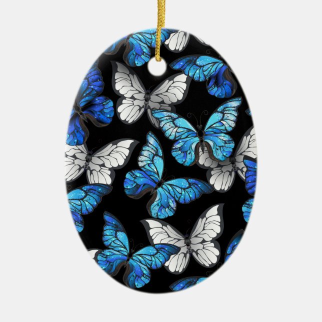 Dunkles Nahtloses Muster mit blauen Schmetterlinge Keramik Ornament (Vorne)