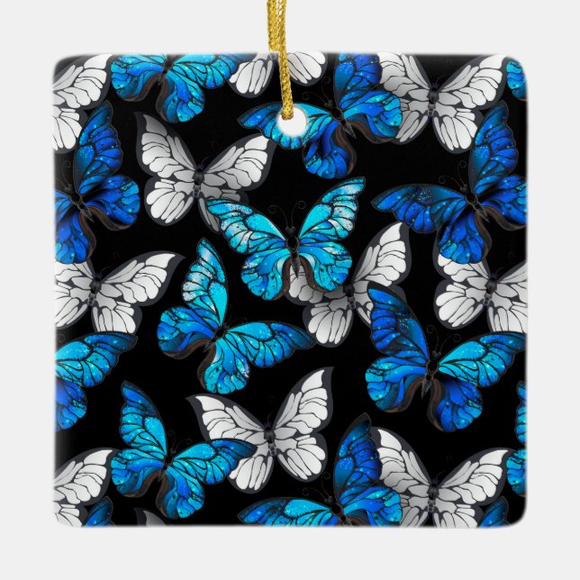 Dunkles Nahtloses Muster mit blauen Schmetterlinge Keramikornament (Vorderseite)
