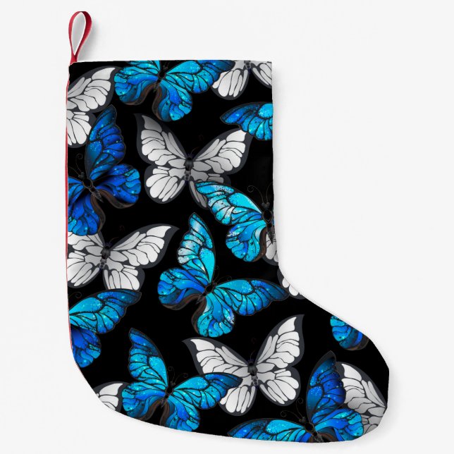 Dunkles Nahtloses Muster mit blauen Schmetterlinge Kleiner Weihnachtsstrumpf (Vorderseite)