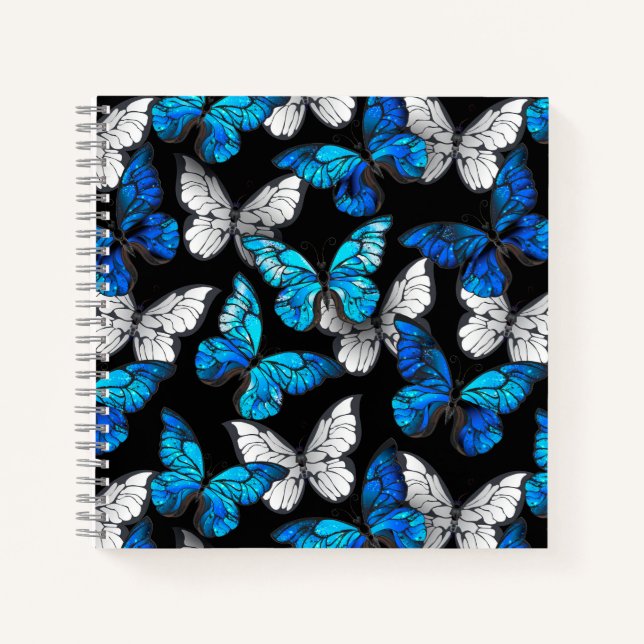 Dunkles Nahtloses Muster mit blauen Schmetterlinge Notizbuch (Vorderseite)