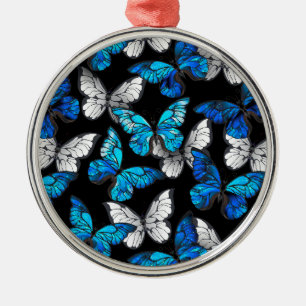 Dunkles Nahtloses Muster mit blauen Schmetterlinge Ornament Aus Metall
