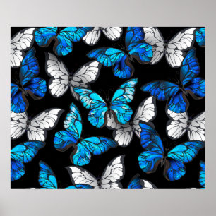 Dunkles Nahtloses Muster mit blauen Schmetterlinge Poster