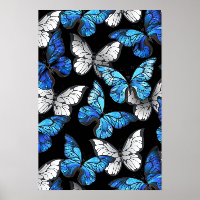 Dunkles Nahtloses Muster mit blauen Schmetterlinge Poster (Vorne)