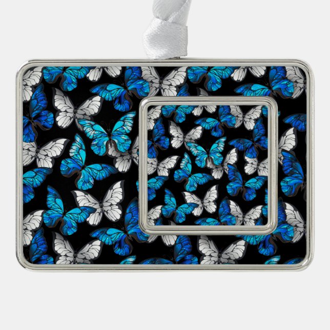 Dunkles Nahtloses Muster mit blauen Schmetterlinge Rahmen-Ornament Silber (Vorderseite)
